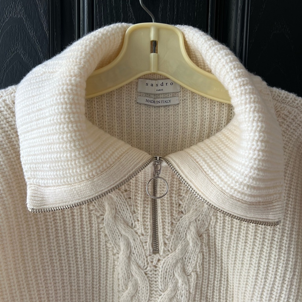 Sandro Cream Cable Knit Zip Sweater - Picture 2 of 6